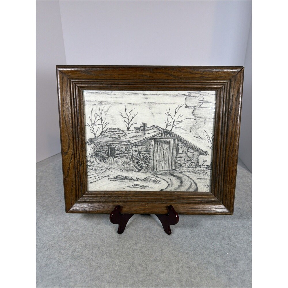Vintage Cabin Pencil Drawing Framed Original Sod Rod Homestead Wagon Wheel Art